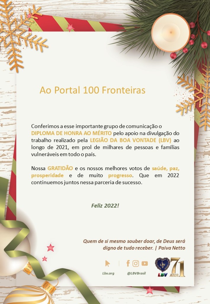 Diploma de honra ao mérito para o portal 100fronteiras